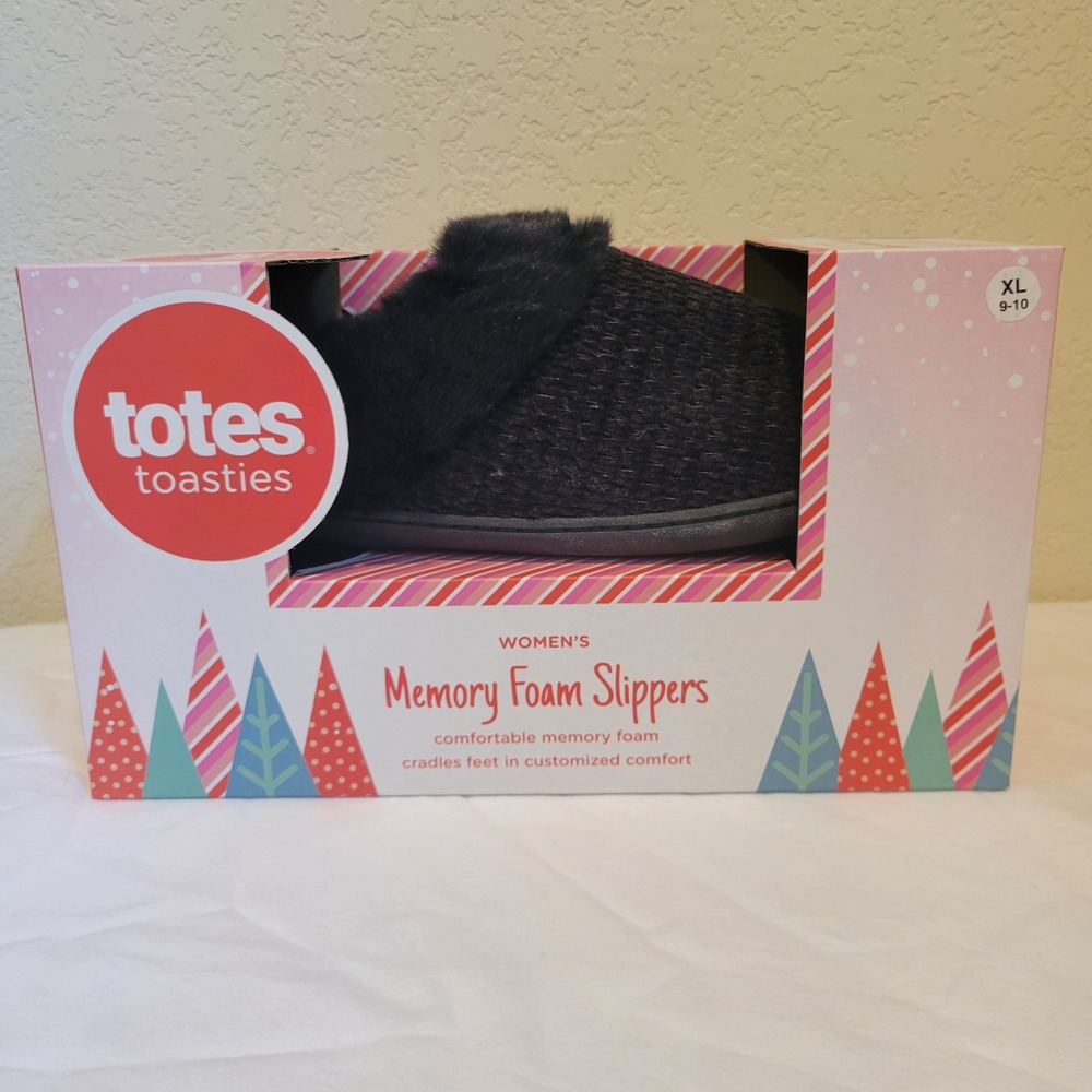 Totes Toasties Womens Memory Foam Slippers Black Faux Fur XL 9-10 New in Box